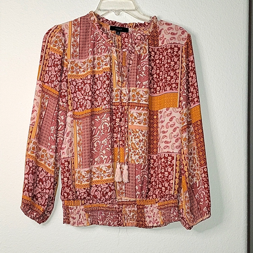 Eclair Fall Print Peasant Ruffle Neck Blouse, M, Brown/ Rust, EUC